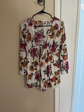 Women’s Floral Drawstring V-Neck Top - White with Pink & Mustard Flowers